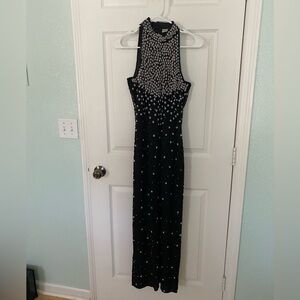 Vintage Lawrence Kazar Black and White Beaded Sleeveless Halter Sheath Dress